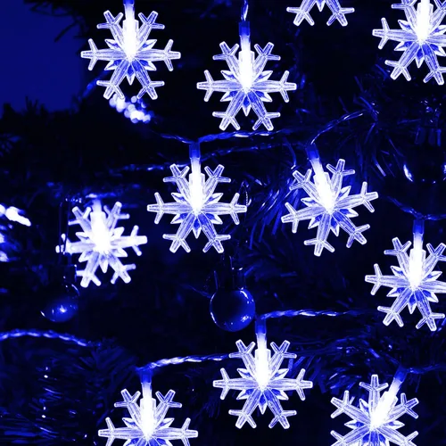 Vista 6 de Dazzle Bright Cadenas de luces de copo de nieve de Navidad, paquete de 2, total de 100 LED, 50 pies, luces de Navidad que funcionan