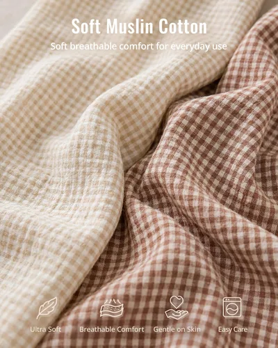 Vista 3 de Blissful Diary Muslin Crib Sheets, 2 Pack, Beige Gingham & Brown Gingham fitted for 52''x28'' crib mattress, soft and breathable cotton, boho