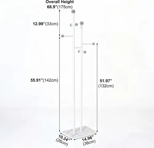 Vista 2 de Perchero estrecho resistente con pared de hierro de 0.049 pulgadas de grosor, 14 ganchos intercambiables y base de mármol de 7.9 lbs, perchero