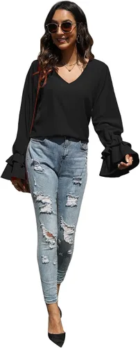 Vista 6 de LYANER - Blusa de manga larga con cuello en V y volantes escalonados para mujer, estilo túnica, estilo casual negro#