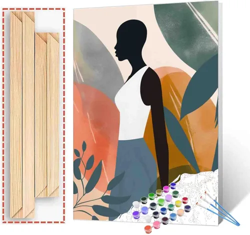 Vista 8 de Pintura de niña afro a la moda, kits de pintura por números, 16 x 20 pulgadas, lienzo de hojas tropicales, pintura al óleo para niños y adultos