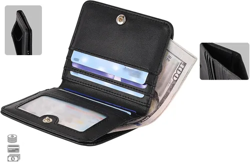 Vista 6 de Billetera para mujer, con bloqueo Rfid, pequeña, compacta, plegable, de lujo, de cuero, con bolsillo para mujer, minivestido con ventana de Verde
