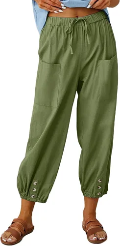 Vista 13 de Pantalones capri de cintura alta con cordón y botón de algodón suelto casual con bolsillos para mujer