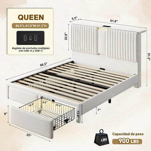 Vista 2 de Homkdom Base de cama Queen con cabecera de almacenamiento de terciopelo de Beige