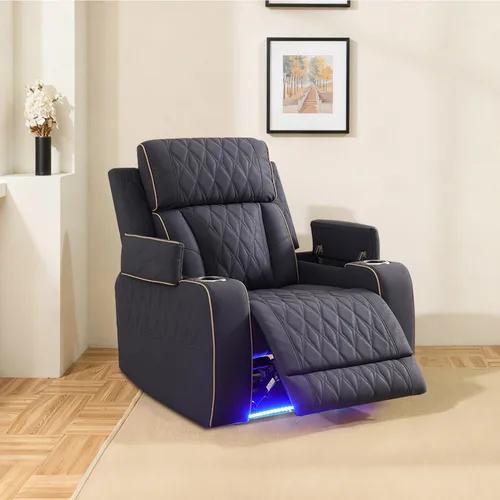 Vista 16 de Sofá reclinable con luces LED, sofá reclinable de cuero con dos asientos reclinables/puerto USB/consola de almacenamiento/soporte para vasos