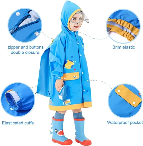 Vista 3 de Chubasquero para niños y niñas, poncho de lluvia con capucha, impermeable, impermeable, reutilizable, para lluvia de 4 a 18 años