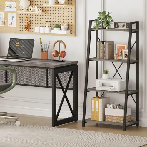 Vista 8 de BON AUGURE - Estantería de escalera, estante de 4 niveles, estantería de madera inclinada para libros para sala de estar, dormitorio, unidad