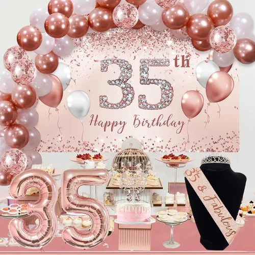 Vista 5 de Juego de arco de globos de oro rosa para cumpleaños número 35 para mujer