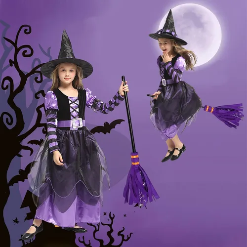 Vista 6 de Witch Costume Girls Halloween Witch Dress Costumes Kids Deluxe Witch Hat Broomstick Halloween Candy Bags Fancy Dress Up Party