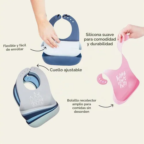 Vista 7 de Babero para bebés para comer de Bella Tunno, babero de silicona impermeable con gran atrapaalimentos, ajuste ajustable para bebés de 4 a 12 meses