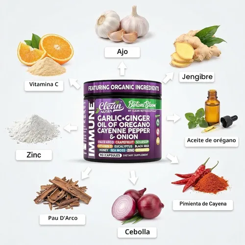 Vista 4 de Clean Nutra Aceite de Ajo y Jengibre de Orégano Pimienta Cayena Pomelo Guanábana Comino Negro Musgo Marino Pimienta Negra Vitamina C y Zinc VIT C