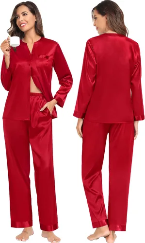 Vista 3 de SWOMOG Conjunto de pijamas de seda a juego para parejas, de satén, con botones, camisa de manga larga y pantalones, ropa de dormir para la familia