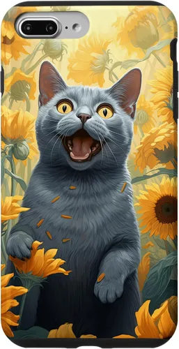 Vista 9 de iPhone 14 divertido gato ruso azul cara con girasol pintura caso