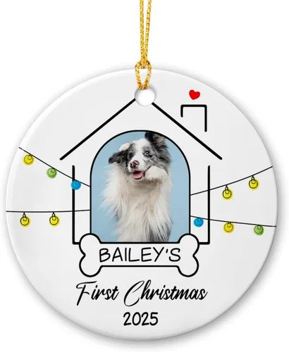 Vista 16 de Marco de fotos conmemorativo personalizado para mascotas, adorno de Navidad 2025, Un pedazo de mi corazón vive en el cielo, adorno de cerámica