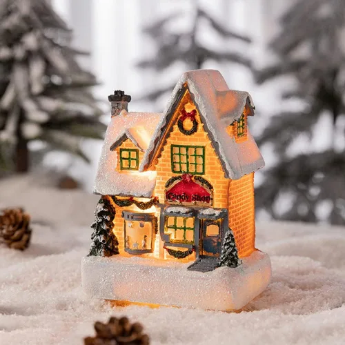 Vista 16 de Ochine Casa con luz de pueblo navideño, decoración navideña con luz LED, material de resina, edificios coleccionables de vacaciones