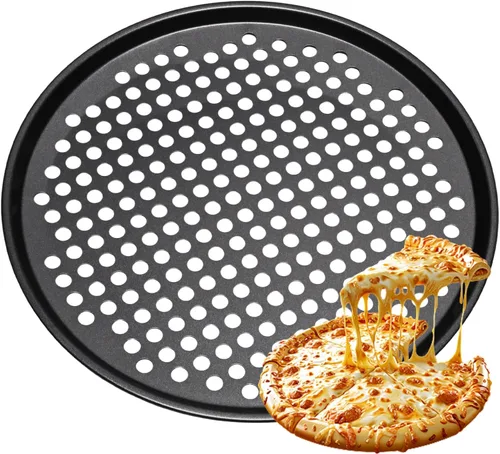 Vista 9 de Sartén redonda de pizza de 10 pulgadas con agujeros, sartenes de acero al carbono para pizza congelada y casera, bandeja de pizza antiadherente