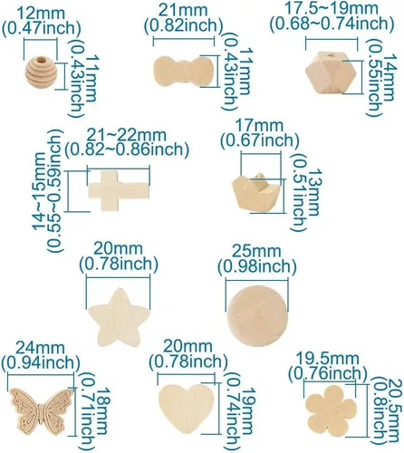 Vista 5 de Beadthoven - 100 cuentas espaciadoras de madera natural sin terminar de 10 formas, cuentas sueltas de madera surtidas para hacer joyas, pulseras