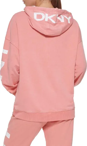 Vista 4 de DKNY Sudadera con capucha para mujer, con bolsillo, ajuste relajado, con logotipo agrietado