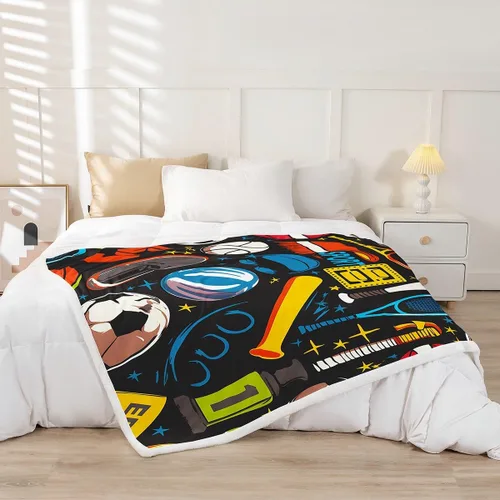 Vista 2 de Feelyou Manta Deportiva de Felpa Sherpa para Lanzar, Baloncesto, Fútbol Americano, Béisbol, Tenis, Manta Suave y Mantas con Patrón de Pelota, Manta