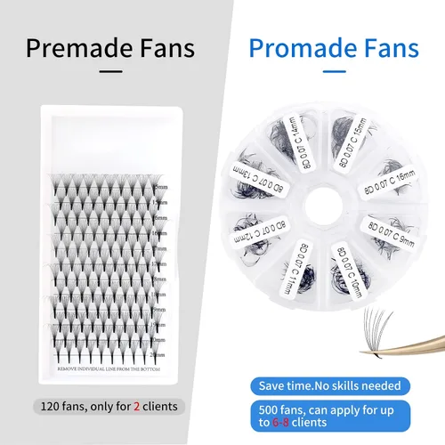 Vista 13 de Extensiones de pestañas de 1200 fans, prefabricadas, con volumen, 9-20mm, bandeja mixta, 20D, con punta en C, base puntiaguda, extensiones