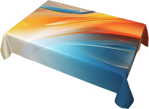 Vista 5 de Mantel rectangular moderno con diseño de arte fluido, naranja, azul, degradado, poliéster, impermeable, reutilizable, patrón abstracto de ondas
