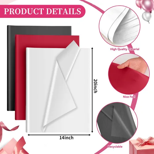 Vista 2 de 30 hojas de papel de seda negro, blanco y rojo para bolsas de regalo, papel de seda a granel para decoración de bodas, cumpleaños, proyectos