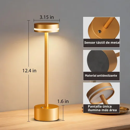 Vista 3 de Lámpara de mesa inalámbrica recargable dorada moderna, lámpara táctil de aluminio y batería operada de 4000mAh, lámparas de mesa LED de 3000K