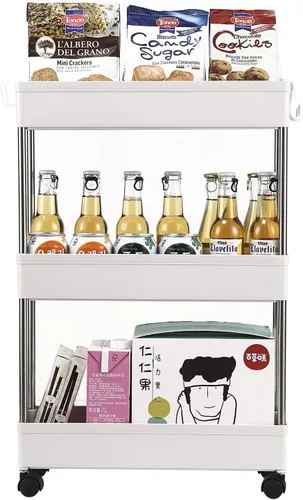 Vista 2 de Carrito de almacenamiento móvil, estantes de pie, organizador de almacenamiento deslizante, carrito utilitario con ruedas para cocina, baño