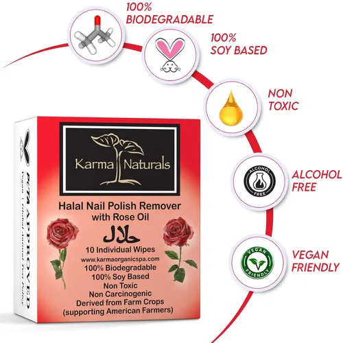 Vista 3 de Karma Halal - Toallitas removedoras de esmalte de uñas con aceite de rosa; no tóxicas, veganas, libres de crueldad, paquete de 10