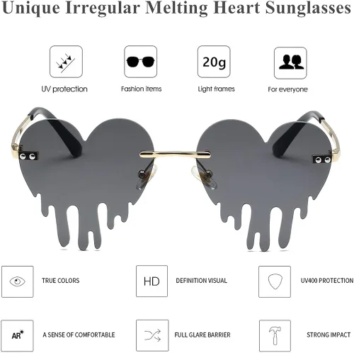 Vista 4 de LASPOR Gafas de sol de corazón derretidor para mujeres y hombres, sin llantas, gafas de fiesta de goteo, de metal dorado, sin marco, gafas de lágrima