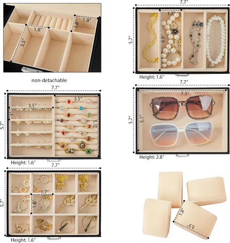 Vista 2 de AKOZLIN Joyero de 5 niveles con cerradura de cuero con 4 cajones para mujeres y niñas, anillo collar, aretes, pulsera, relojes, organizador