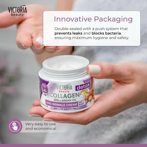 Vista 8 de Skin Care Detox Crema facial de día y noche hidratante antienvejecimiento con colágeno, ácido hialurónico, Q10, aceite de argán y un filtro UVA/UVB