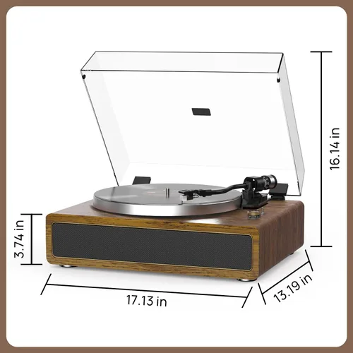 Vista 7 de Tocadiscos con altavoces incorporados, reproductor de discos de vinilo con soporte para reproducción Bluetooth, parada automática, velocidad de 33