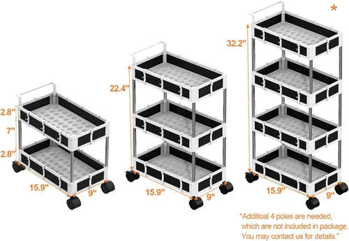 Vista 5 de NUNET Organizador debajo del fregadero con ruedas de bloqueo y asa de 2/3/4 niveles ajustable pequeño carrito rodante para almacenamiento, carrito