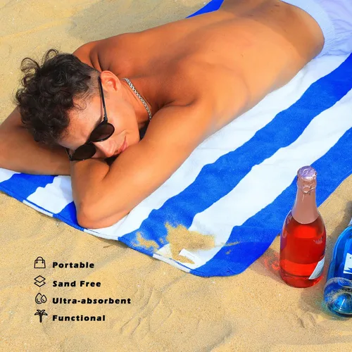Vista 2 de Exclusivo Mezcla Toallas de playa de gran tamaño, paquete de 4 toallas de baño ligeras a rayas cabaña para niños y adultos, extra grandes y Azul
