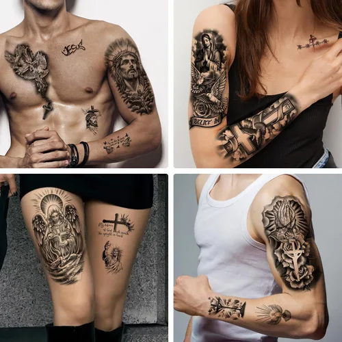 Vista 5 de 77 hojas de tatuajes temporales cristianos para mujeres y hombres, 17 hojas de tatuajes religiosos de media manga con cruz de Jesús, Dios y ángeles