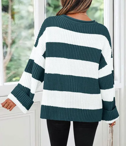 Vista 30 de ZESICA Suéter tejido sin botones de manga larga y cuello redondo, a rayas, bloques de color, cómodo, holgado, talla extragrande para mujer de 2024
