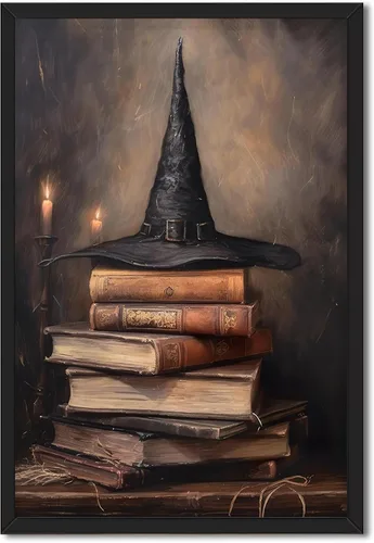 Vista 26 de Arte de pared vintage de Halloween embrujado de granja, parche de calabaza rústica con bonitos fantasmas, póster impreso en lienzo espeluznante