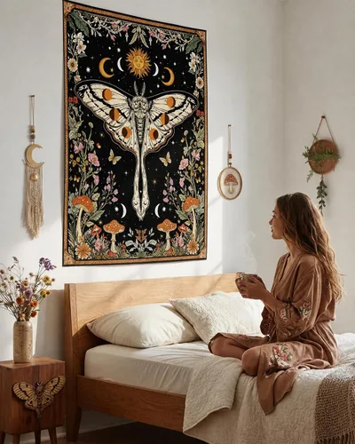 Vista 6 de Aipon Tapiz bohemio de polilla vintage con flores florales, tapices estéticos retro de hongos para dormitorio, sol y luna, tapiz pequeño para colgar