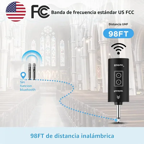Vista 5 de Bietrun Micrófono inalámbrico, juego de micrófonos UHF de mano, dinámicos, de metal, inalámbricos, con receptor recargable, salida de 1/4