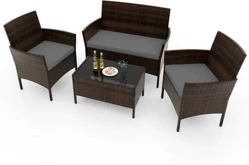 Vista 15 de RELAX4LIFE Juego de muebles de patio de 4 piezas – Juego de muebles de ratán para conversación al aire libre con cojines, mesa de centro de cristal