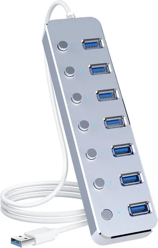 Vista 8 de Hub USB 3.0 Hub USB de 7 puertos con cable de 2 pies de largo Hub USB de aluminio para portátil y PC con interruptor de encendido/apagado individual