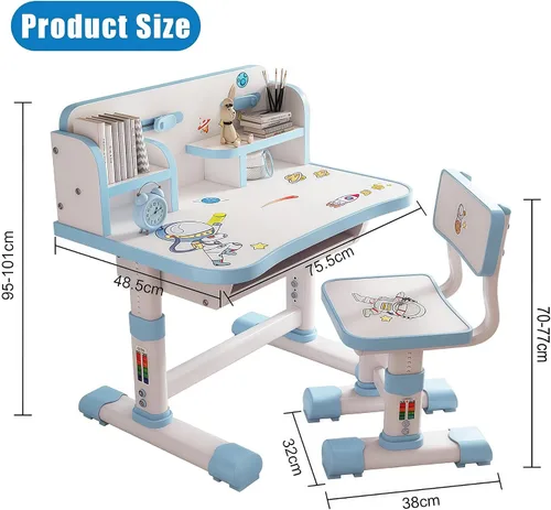 Vista 9 de HEVIRGO Kids Desk and Chair Set – Height Adjustable Blue Study Table Blue-b