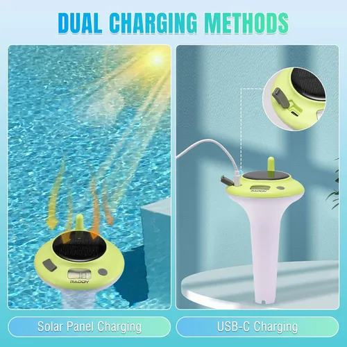 Vista 5 de Raddy Termómetro solar PT-5 flotante de fácil lectura, termómetro de spa de alta precisión con pantalla digital, IPX8 impermeable, solar y funciona