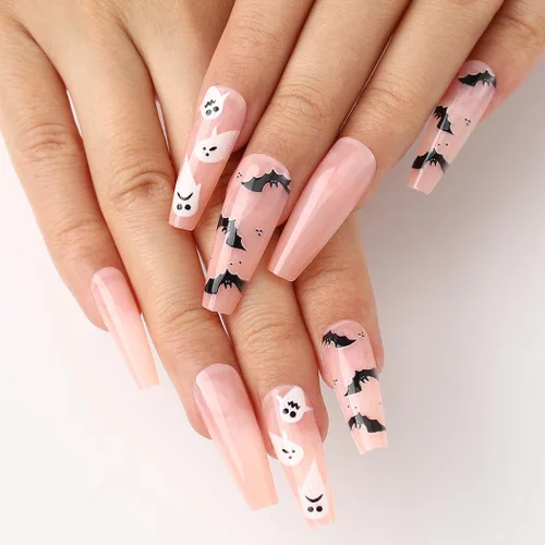 Vista 2 de Uñas postizas de Halloween con diseño de ataúd, uñas postizas acrílicas extralargas con diseños, uñas postizas de cobertura completa con gel, 24
