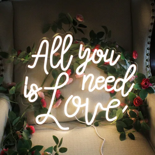 Vista 7 de Letrero de neón rosa con texto en inglés "All you need is love" para boda, letrero de luz LED de neón para dormitorio, fiesta de cumpleaños Todo lo