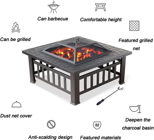 Vista 5 de Mesa para hoguera de 32 pulgadas para exteriores, hoguera de leña con cubierta impermeable, pantalla de chispas y parrilla, parrilla cuadrada
