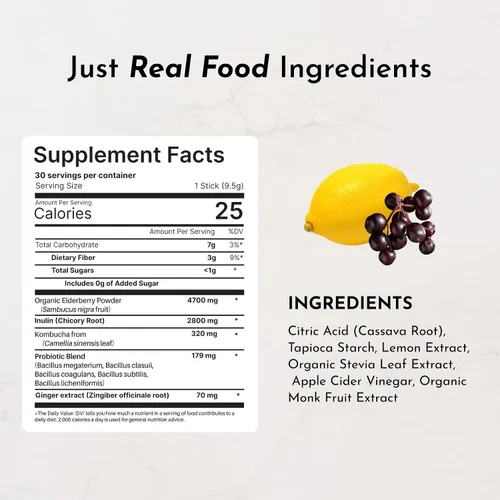 Vista 4 de Complejo probiótico 3 en 1 de limonada de saúco – Mezcla para beber de 30 sobres con prebióticos, probióticos y posbióticos – 5 mil millones de UFC