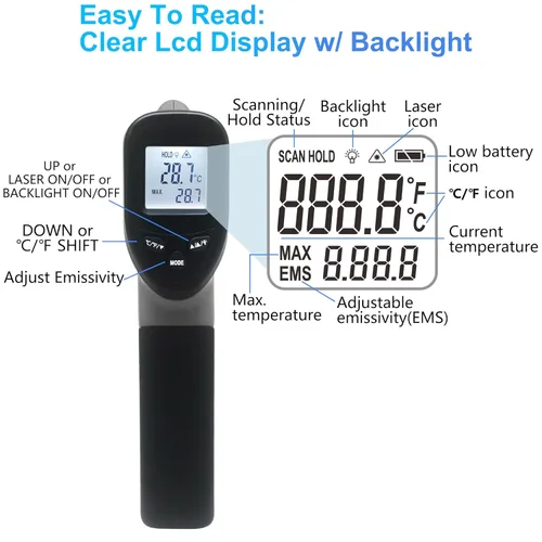 Vista 4 de hito Pistola de temperatura láser infrarroja de -58 °F a 1112 °F, pistola de temperatura para horno de pizza, cocina, refrigerador, piscina