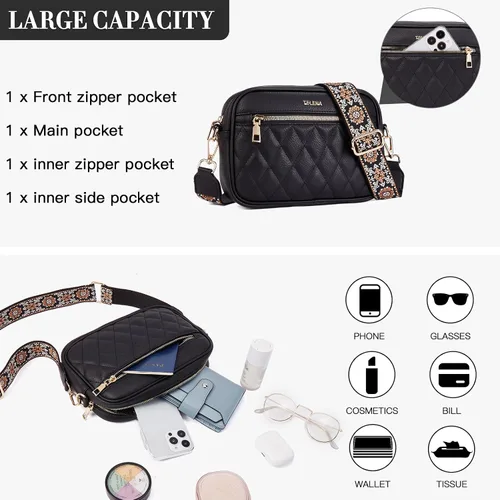 Vista 3 de Telena Bolsos cruzados acolchados para mujer, bolso cruzado pequeño de moda, bolso cruzado de cuero para mujer con correa ancha